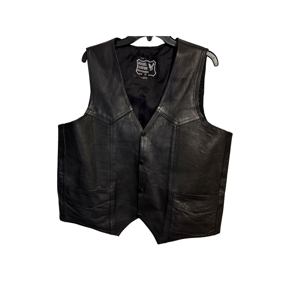 Bikers Leather Harley Davidson Eagle Patch Black Leather‎ Vest Mens Size 46